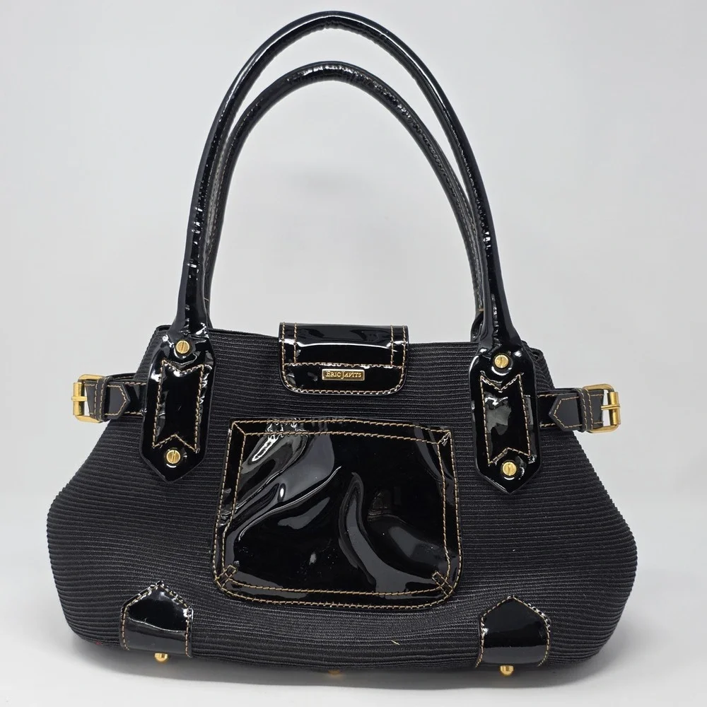Eric Javits Squishee Black Woven Patent Leather Satchel Handbag Gold Hardware